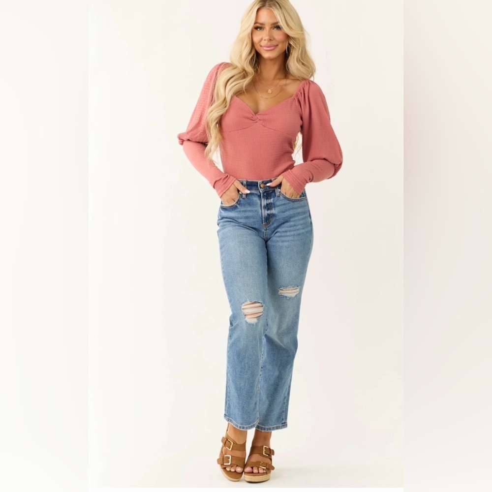 Promesa Hibiscus Smocked Sweetheart Twist Neck Bodysuit